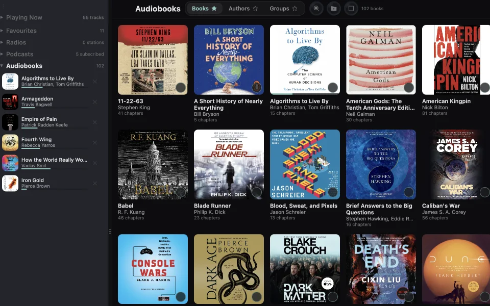 Audiobook library with progress bars and chapter list