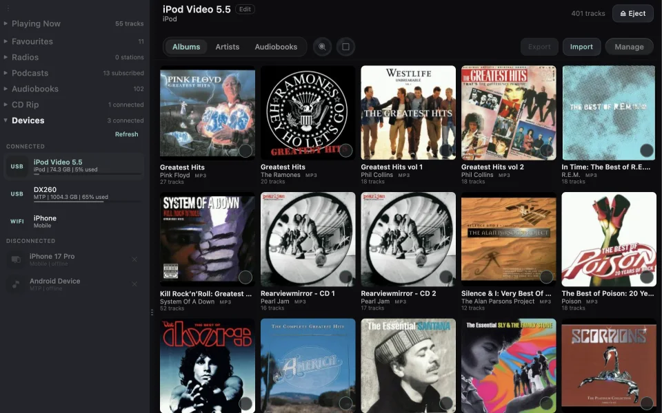 Sync to iPods, DAPs, and USB drives