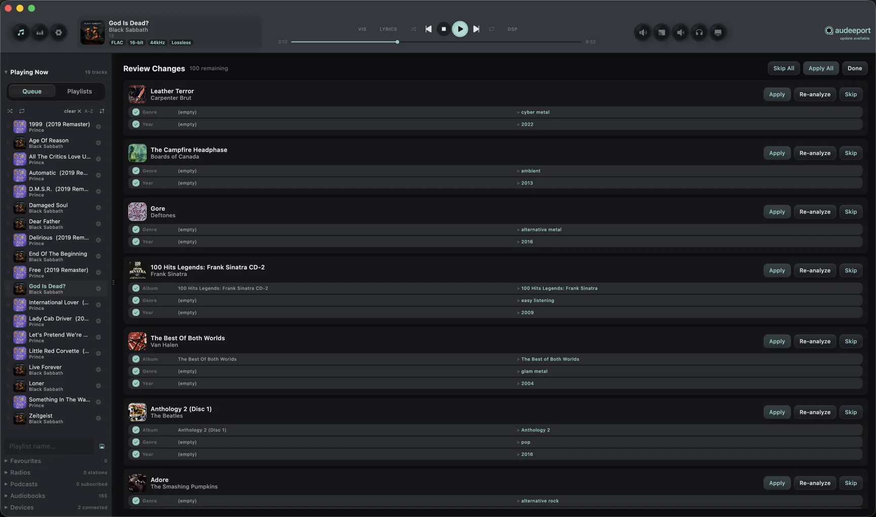Analyze review screen showing proposed metadata changes