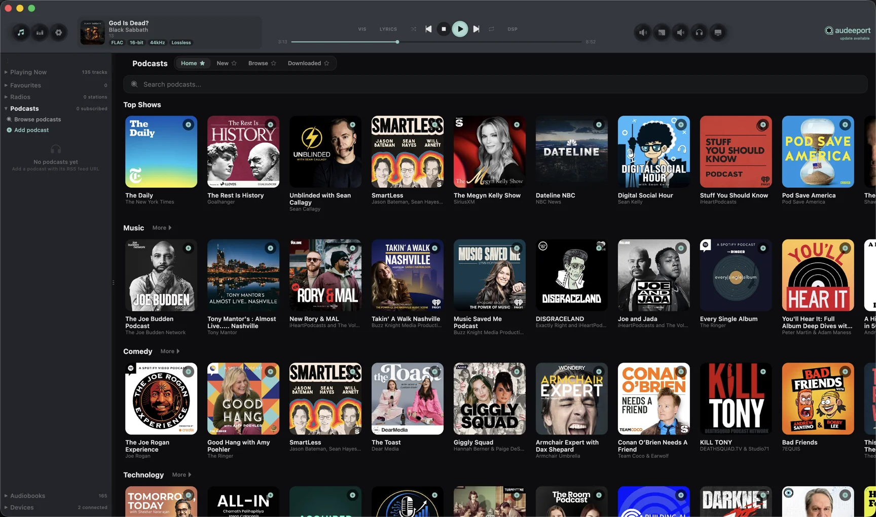 Podcast discovery view with top shows by category