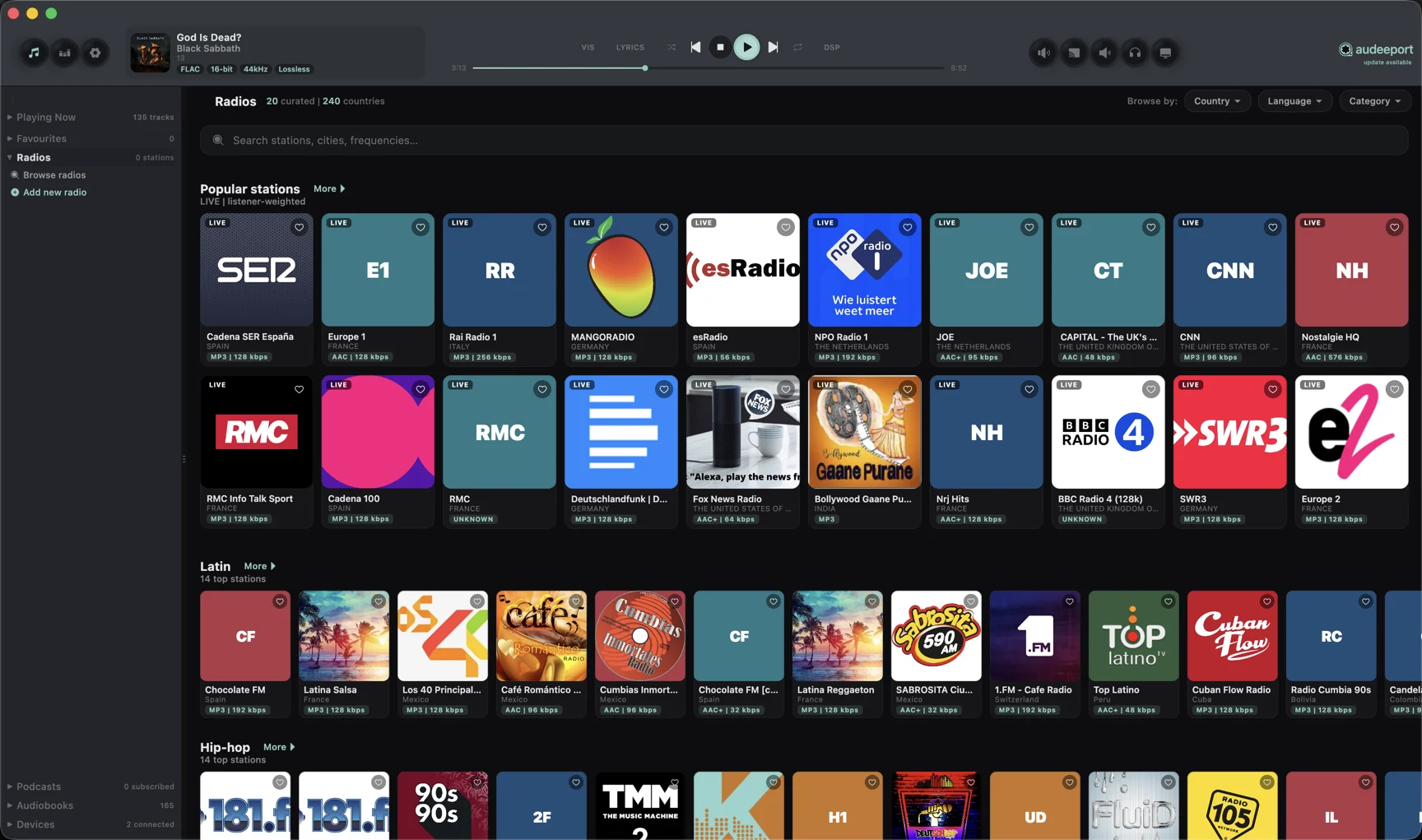 Internet radio browser with station tiles