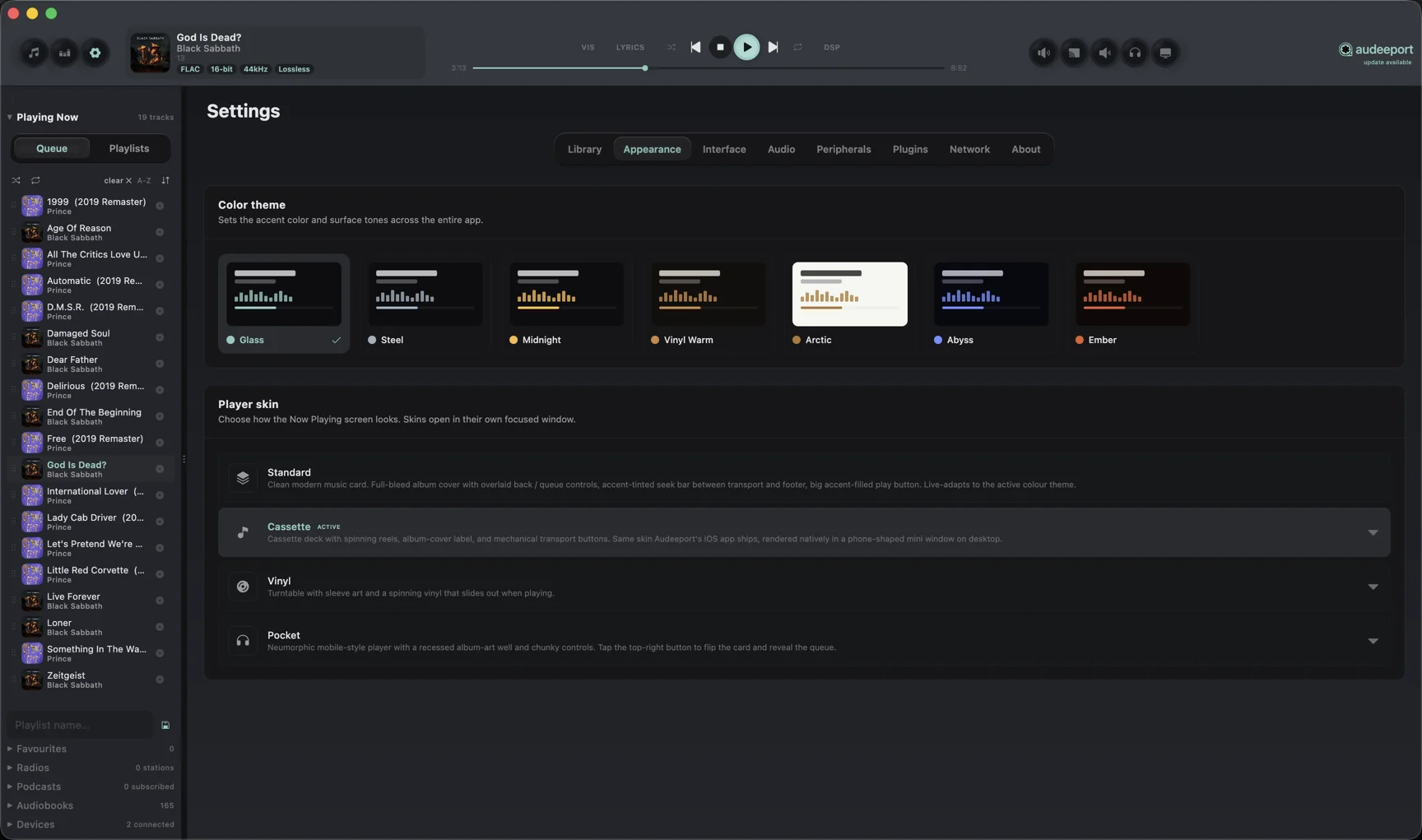 Settings Appearance tab with color themes and player skins