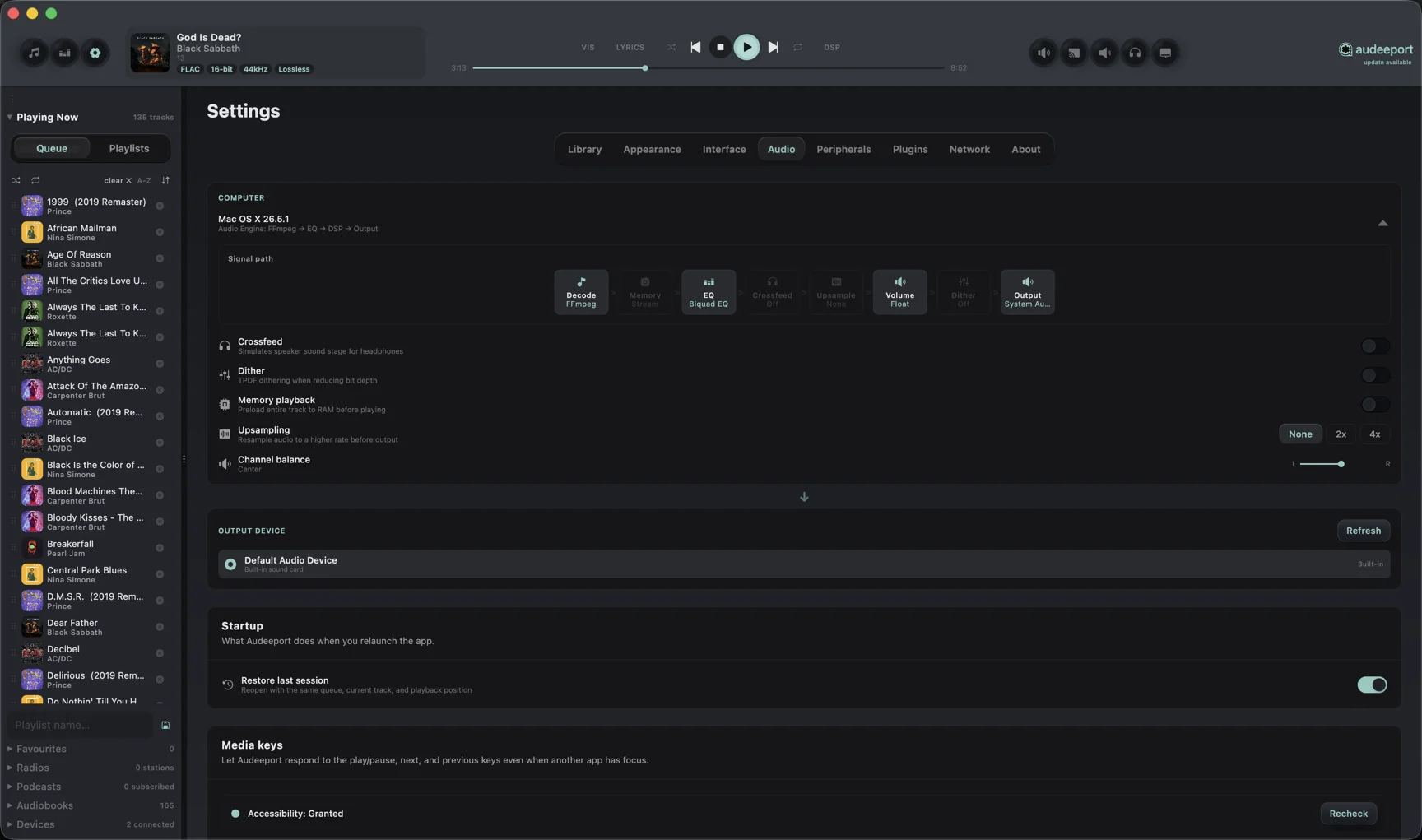 Audio settings with the live signal-path diagram and output device