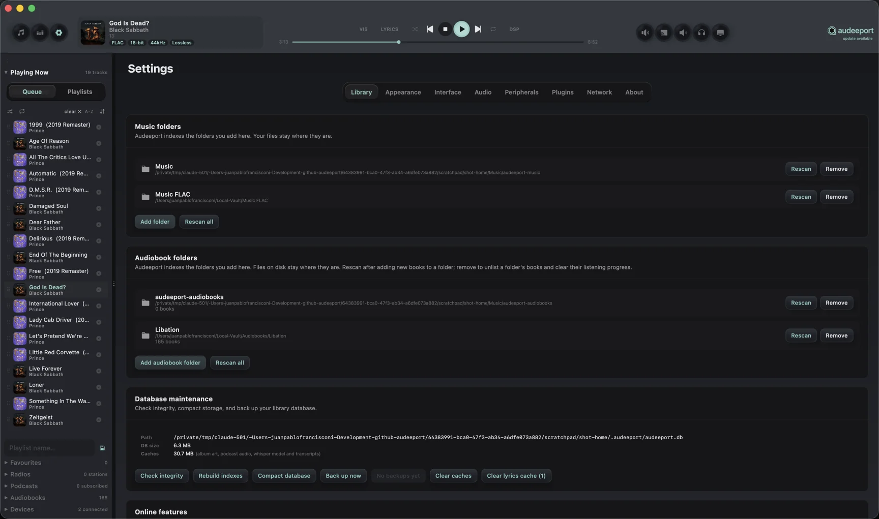 Settings Library tab with maintenance tools