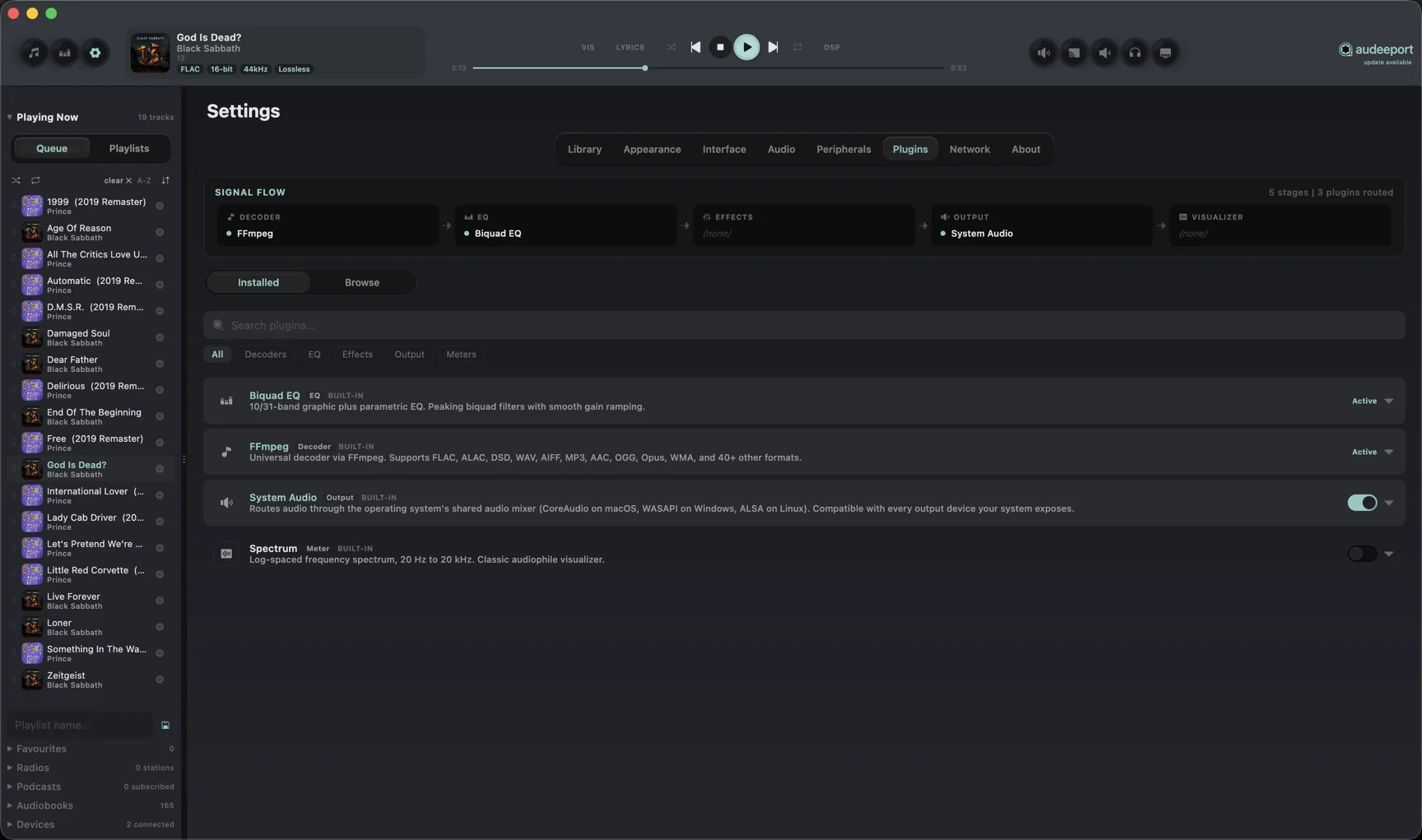 Settings Plugins tab with signal-flow diagram